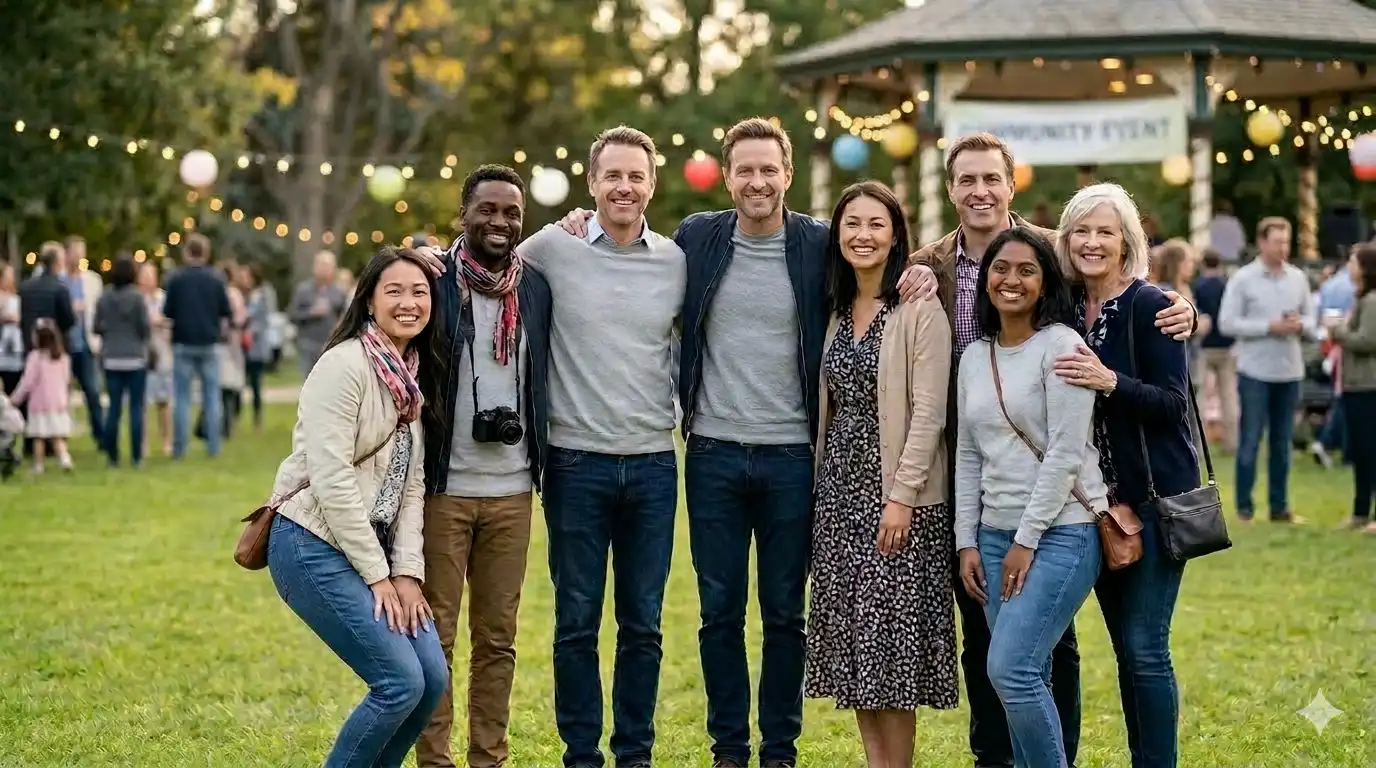 After: leftmost man removed and other people keep natural pose and gesture