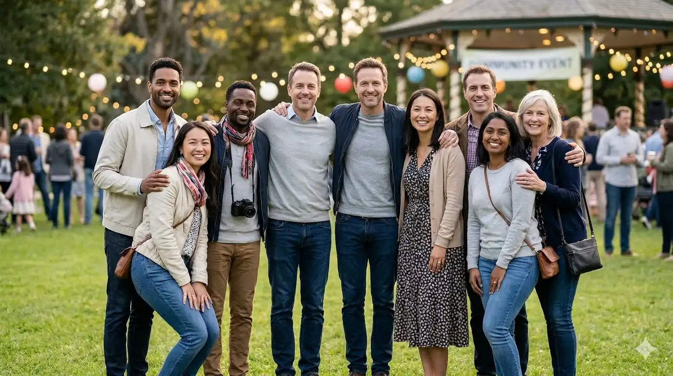 Before: leftmost man in outdoor group has hand contact with another person
